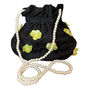 Dream Sister Jane Black Floral Appliqué Drawstring Bag with Pearl Strap